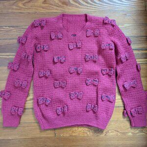 Hand Knit Pink Sweater with Polka Dot Bows